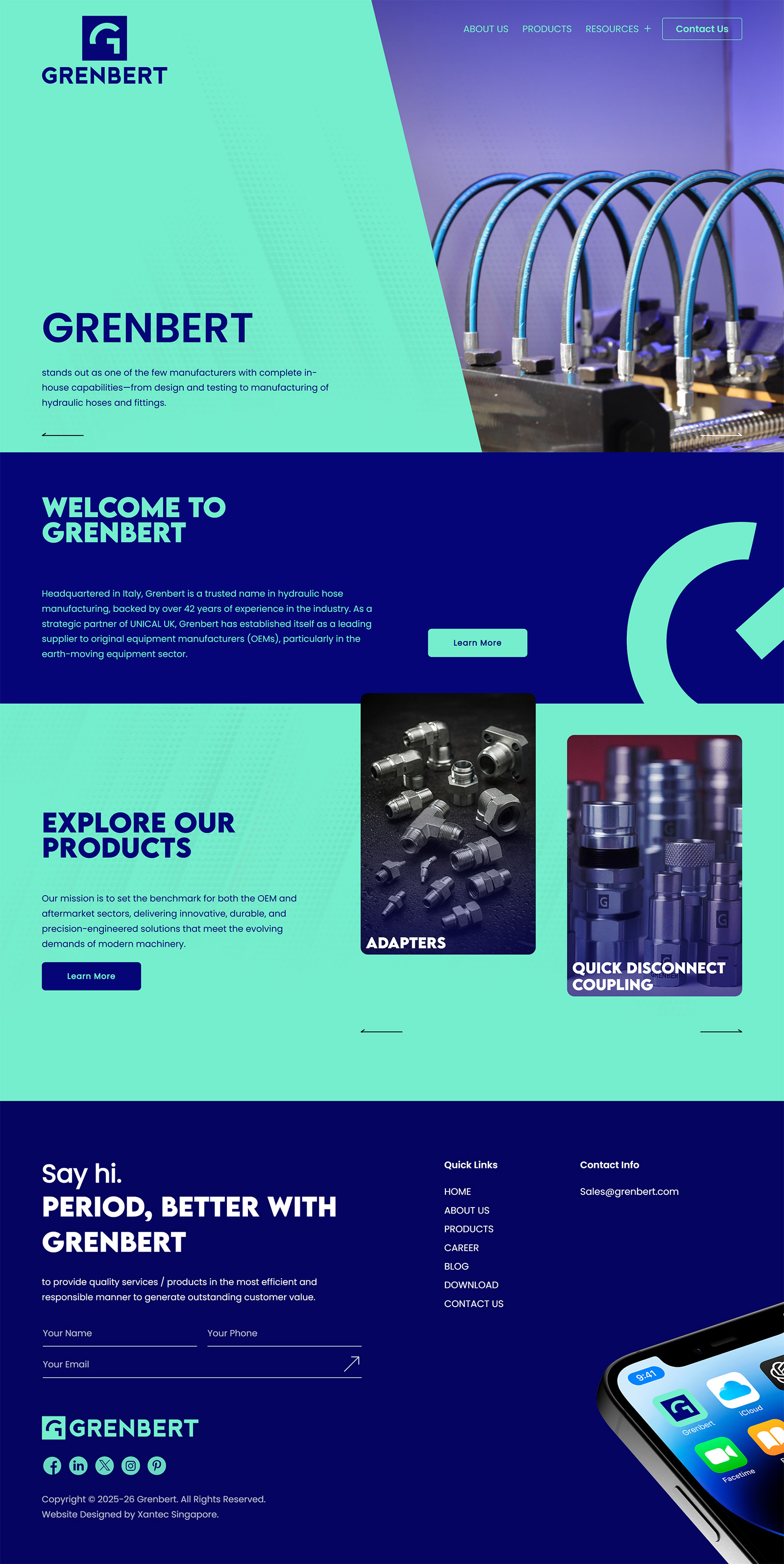Grenbert corporate website — hydraulic hoses, fittings, and industrial product catalogue