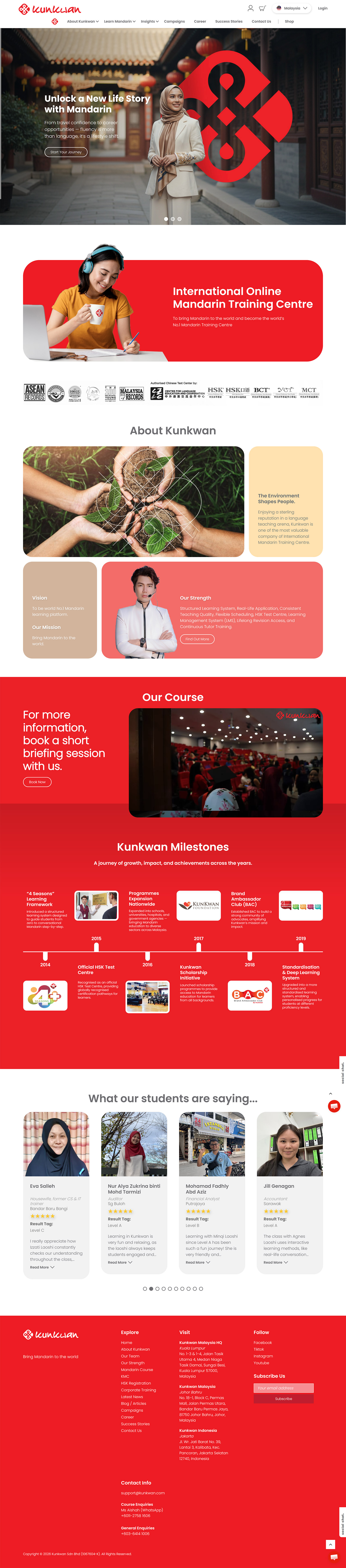Kunkwan International Mandarin Training Centre website — courses, locations, and online learning